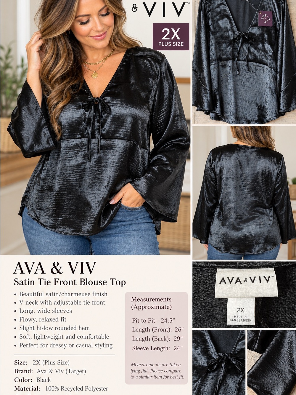 Ava & Viv Black Satin Tie-Front Blouse